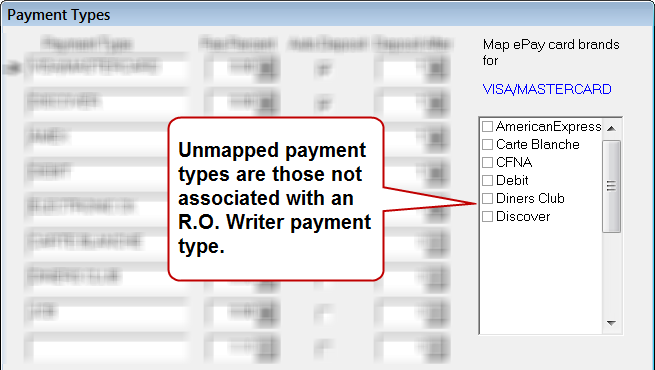 Unmapped payments types on the Payment Types window.